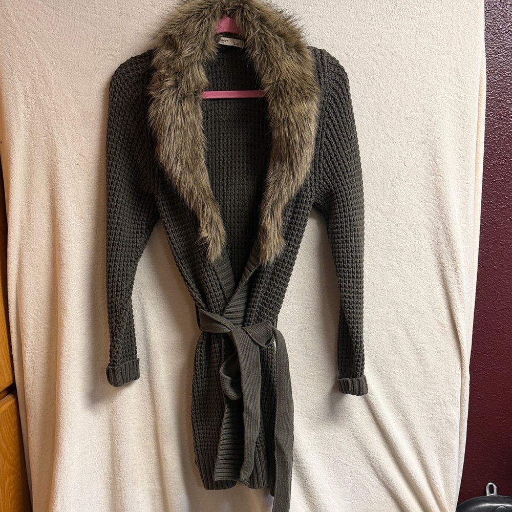 Old Navy Army Green Waffle Knit Cardigan with Faux Fur Shawl Collar